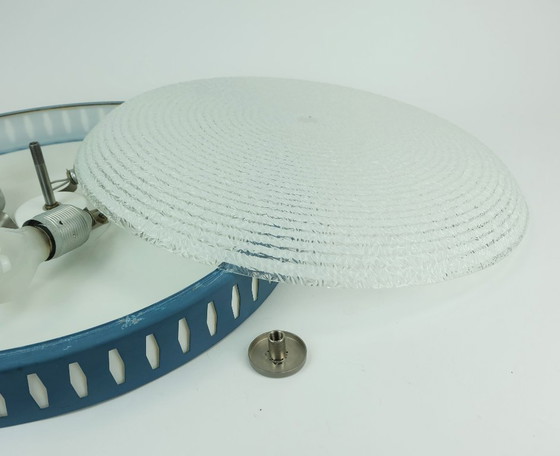 Image 1 of rare large mid century modern CEILING LIGHT by hillebrand 1960s flush mount textured glass blue metal frame