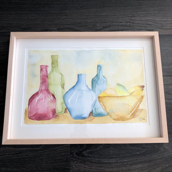 Image 1 of Aquarelle aux bouteilles et aux fruits Allemagne, années 90