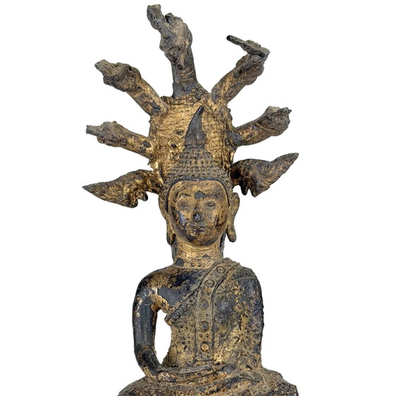 Statue antique dorée de Bouddha Naga Thaï – Protection Muchalinda – 19 cm – Sculptures, Bronze, Brass (photo 10 of 10)
