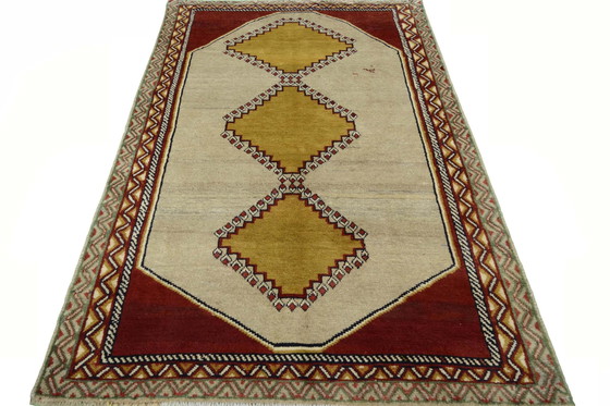 Image 1 of Handgeknüpfter Gabbeh Nomadenteppich – 226 x 133 cm – Naturtöne & Senfgelb – Unikat aus reiner Wolle