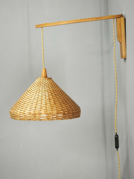 Czechoslovak Rattan and Wood Swing Arm Wall Lamp, 1960s, Wall lights, Brown (photo 12 of 12)