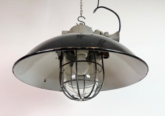 Image 1 of Black Enamel and Cast Iron Industrial Cage Pendant Light, 1960s