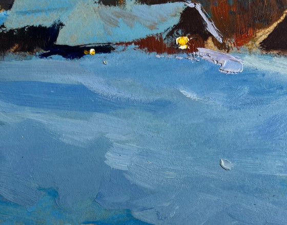Image 1 of Original Oil Painting Sunset Village Landscape A quiet evening in the snowy glow