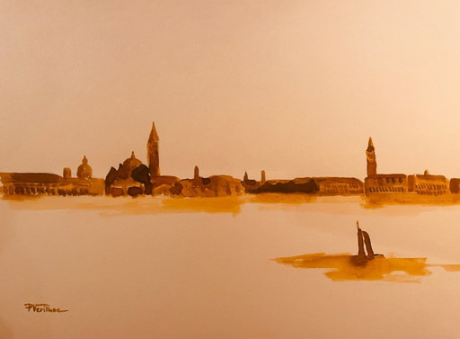 Sanguine aquarel ondertekend "Aurore sur Venise"
