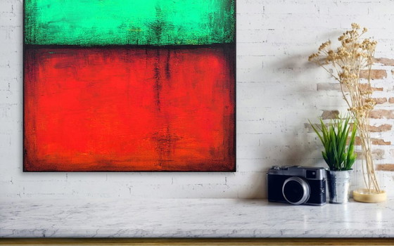 Image 1 of Peinture abstraite moderne à l'acrylique verte et rouge sur toile tendue