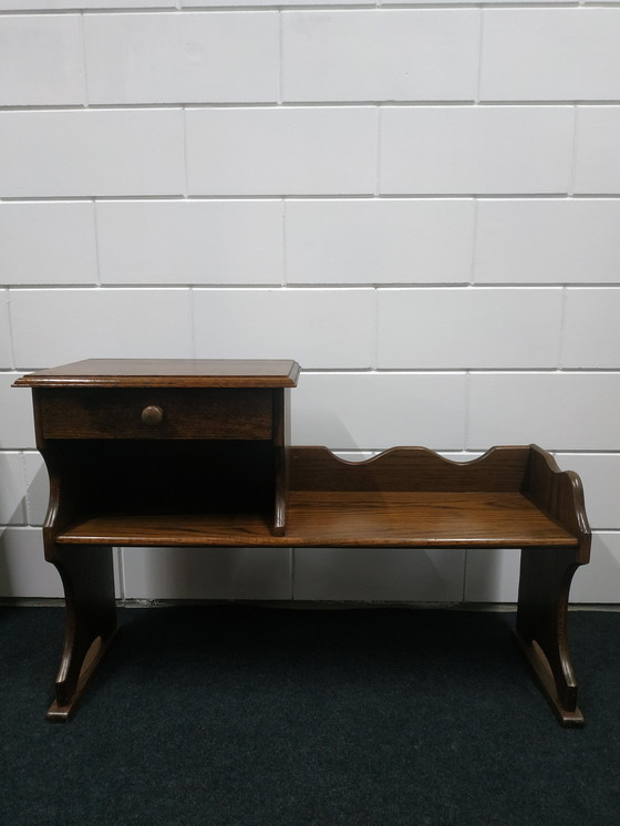 Image 1 of Ancien banc téléphonique en bois Table à plantes avec tiroir