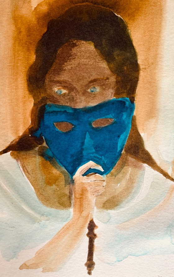 Quadro firmato, ritratto femminile al Carnevale di Venezia « La maschera blu », Dipinti e disegni, Carta (foto 2 di 10)
