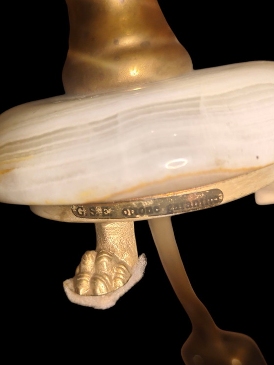 Image 1 of Vintage Onyx Lampenset Italië • G.S.E. Ottone Garantito • Messing Leeuwenpoten / Italiaanse Onyx Lampen Paar Messing Pootvoeten