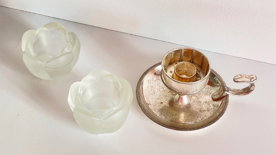 Image 1 of PHOTOPHORES Verre BOUGEOIR Argenté VINTAGE