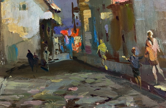 Image 1 of Origineel olieverfschilderij: Somber stadslandschap, wandelend door de stadsstraat.
