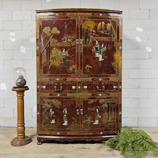 Vintage Chinese cabinet red and gold / traditional scene / ladies in Chinese garden (bohemian cabinet, oriental cabinet)