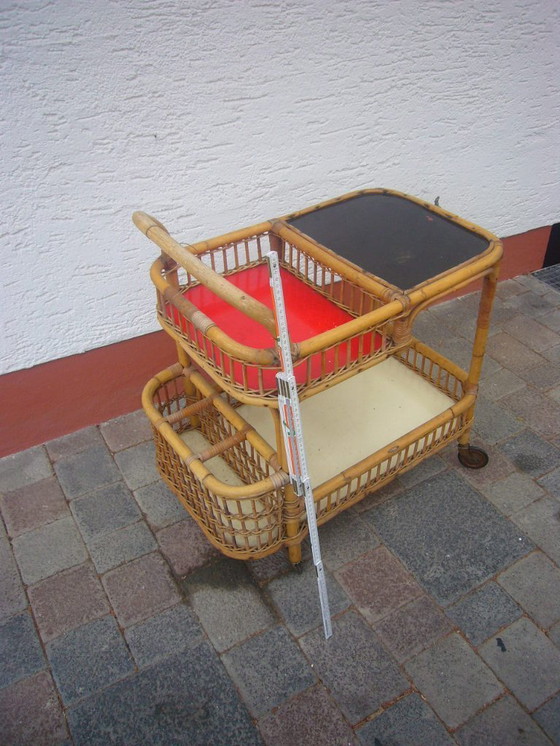 Image 1 of Carrello da cocktail vintage in rattan e bambù (1960?)