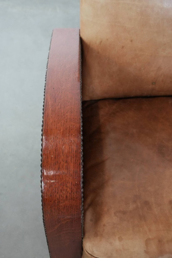 Image 1 of Fauteuil de style Art déco en cuir de vachette d'une belle couleur cognac clair