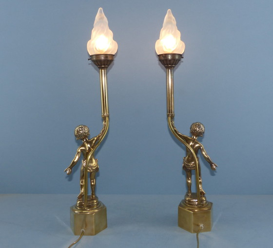 Image 1 of Set Vintage Table Lamps - Candlestick Figures With Flame Shaped Shade - Brass Bring Atmosphere And Class To Your Interior