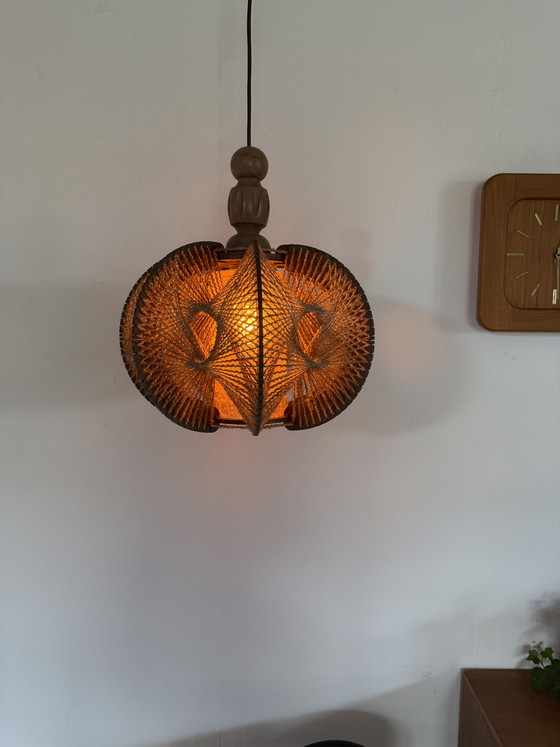 Image 1 of Vintage Danish pendant lamp in glass, wool & wood ‘60s
