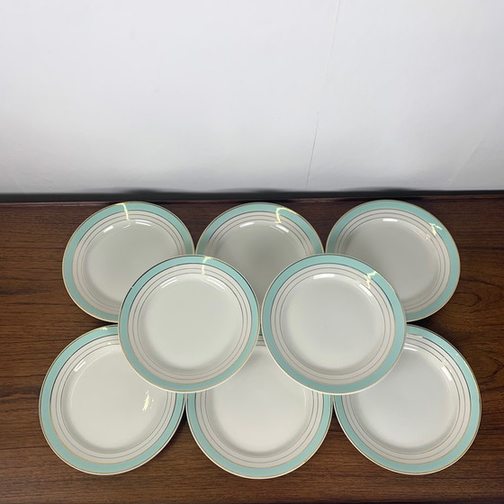 Image 1 of Set di 8 piatti piani Lunéville, modello &quot;Régence&quot;, verde acqua, fine XIX secolo