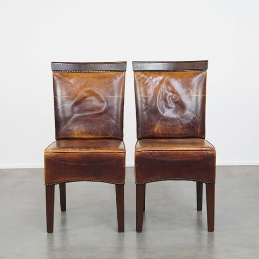 2 x Cognac-colored Leather Art Deco Design Dining Chair