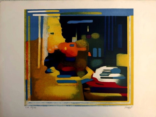 Abstract art lithograph by Roland Bierge (1922-1991)