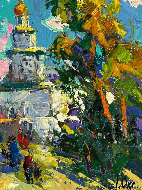 Image 1 of Original Oil Painting Rural Landscape Church Morning Bell in the Village