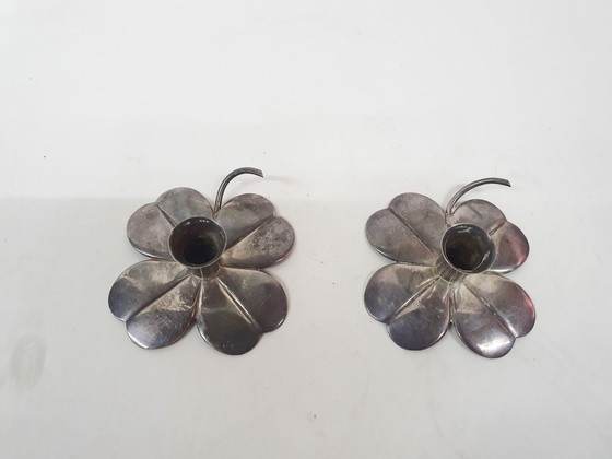 Image 1 of Set of two silver clover candleholders by Carl Frederik Christiansen, Denmark 1950's