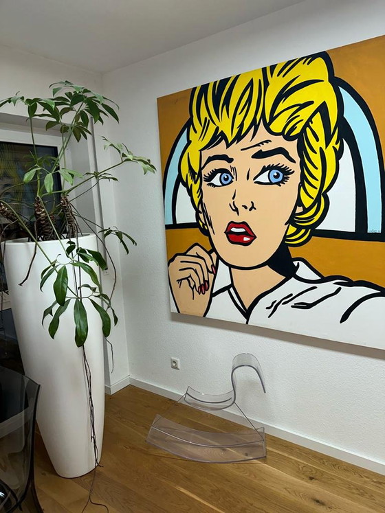 Image 1 of VUČKO "Roy Lichtenstein Girl in Window" – Hand-painted 1997 – Canvas 150x150cm