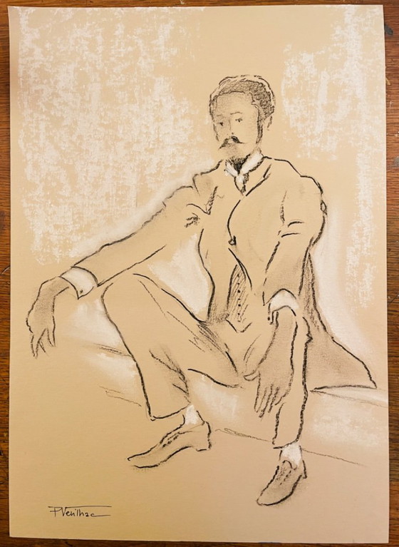 Image 1 of Signiertes Kohleporträt eines Mannes, „Nur für Herren“