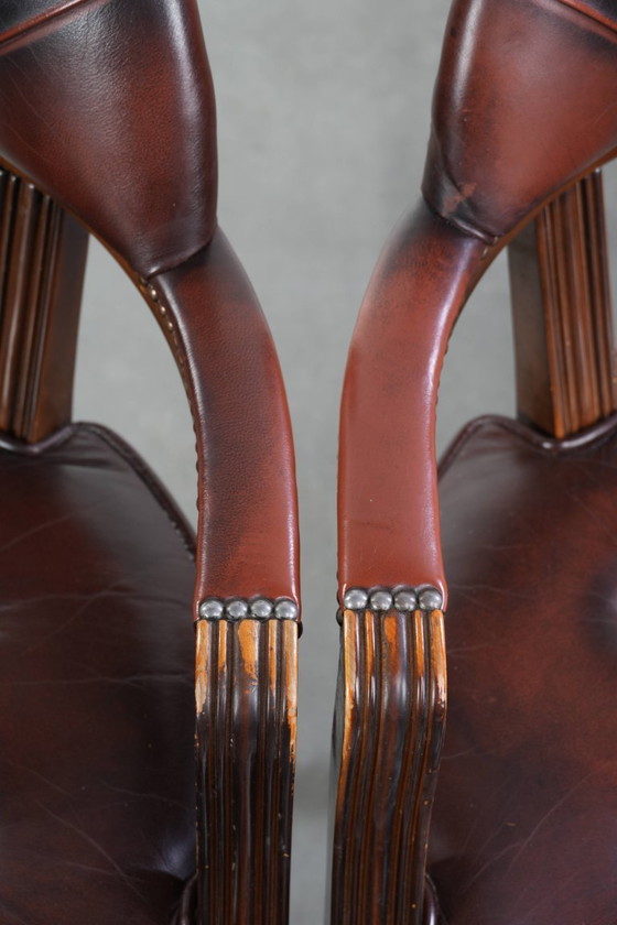 Image 1 of 2 x Donkerbruine rundleren chesterfield eetkamer/ bijzet/ bureaustoel in Engelse stijl