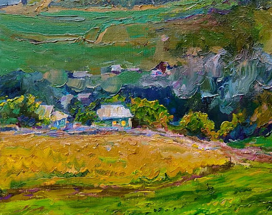 Pintura al óleo original Paisaje Naturaleza Pueblo Atardecer en las montañas – Pinturas y dibujos, Canvas (photo 4 of 5)