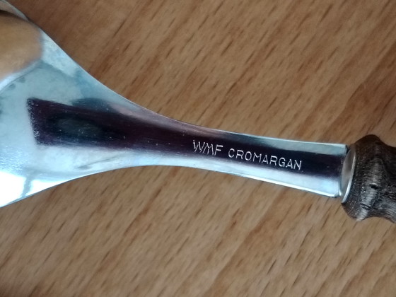 Image 1 of WMF Burgundy saladebestek en flesopener/doppenopener, retro, vintage, houten handvatten