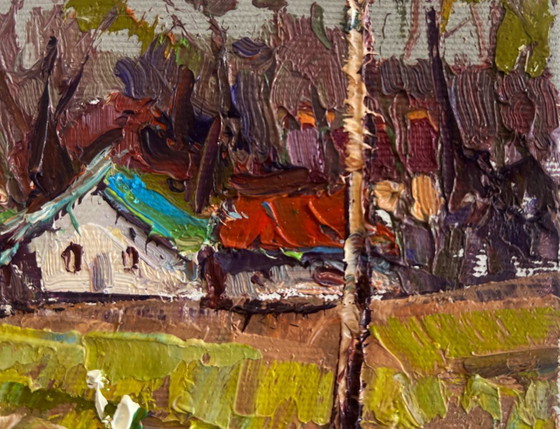 Image 1 of Original Oil Painting Summer Village Landscape Near the village lake