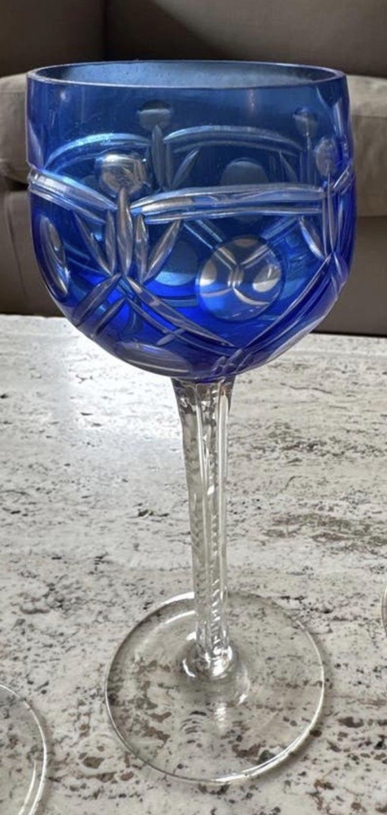 Image 1 of 4 verres en cristal taillé ancien bleu et violet