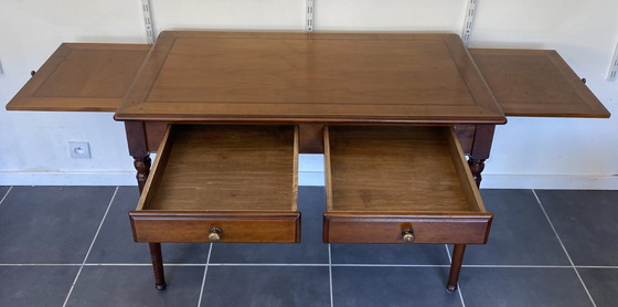Image 1 of Bureau ancien merisier et marqueterie 2 tiroirs et 2 tablettes 112x60 h76cm