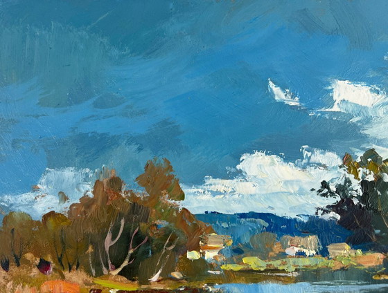 Image 1 of Peinture à l'huile originale représentant un paysage de rivière en été, reflet de la nature