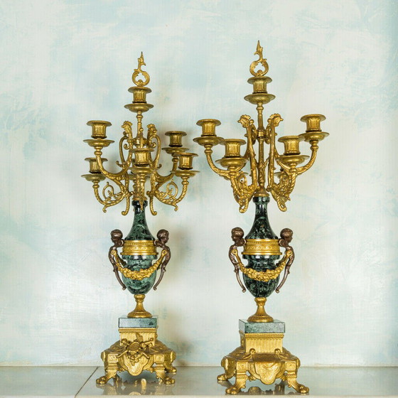 Image 1 of Pair of candelabra and clock in Verde Alpi marble and bronze, 50s