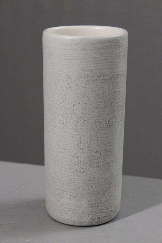 Image 1 of Henri Cimal in Vallauris - Matte white scroll vase with abstract incised decor 1950s
