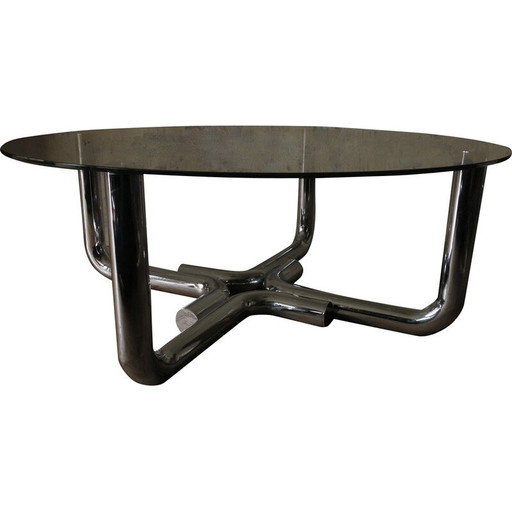 Mesa de centro vintage de tubo de acero y cristal, 1960