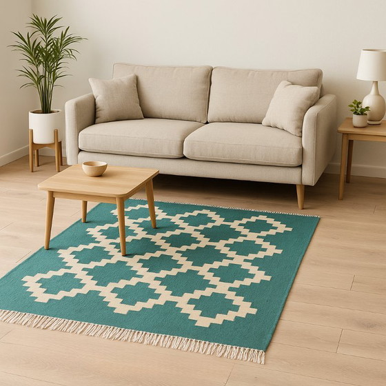 Image 1 of Senon Kilim Läufer 90 × 160 cm - Handgefertigt in Ägypten - Grüner Diamant, Flachgewebe