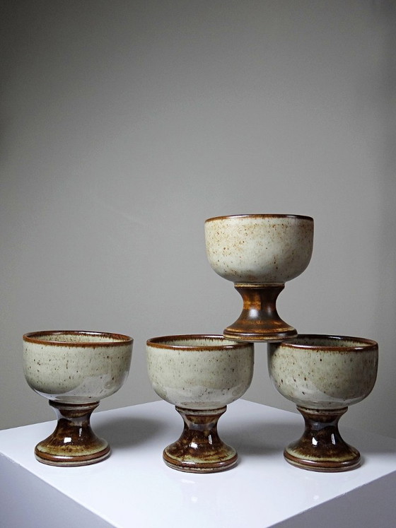 Image 1 of Set of 4 vintage glazed stoneware cider bowls/ice cream cups with stems