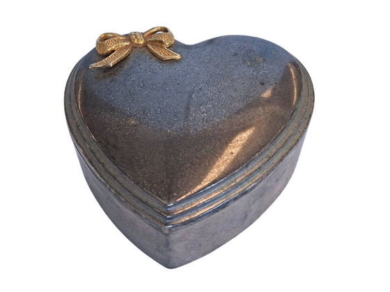 Image 1 of Heart-Shaped Metal Jewelry Box with Gold Bow and Red Velvet Interior