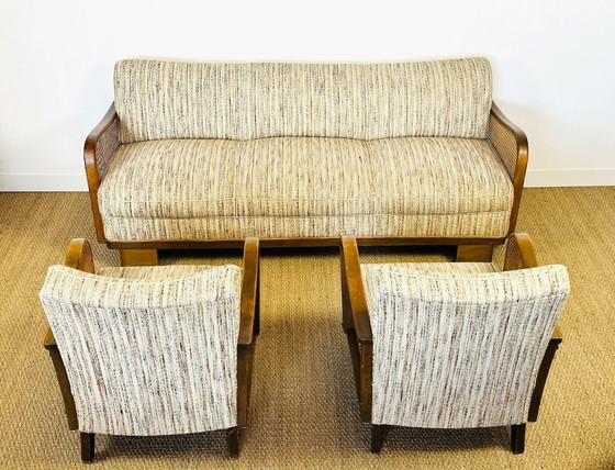 Image 1 of Vintage Art Deco woonkamerset van gebogen hout en riet, 1950, set van 3