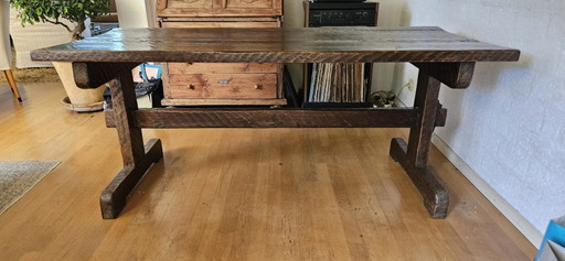 Table de monastère française de style brutaliste primitif (table à tréteaux) – eettafels, Wood