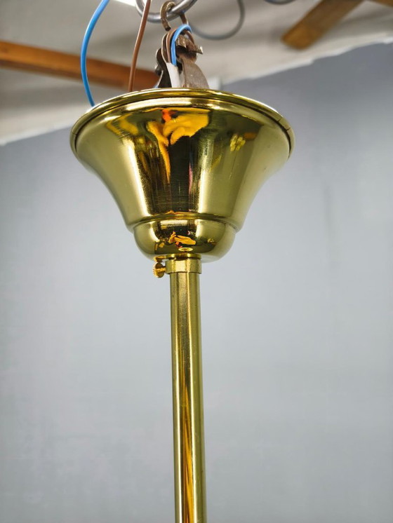 Image 1 of Art Deco Brass Pendant with Geometric Opaline Glass, Czechoslovakia 1930s