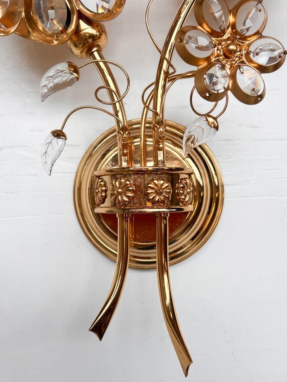 Image 1 of Brass and crystal Art Deco wall lamp attributed to PALWA, 1960s