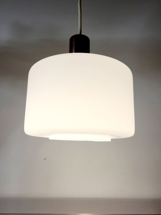 Image 1 of Vintage opaline glazen hanglamp, Scandinavische stijl, teak en messing, jaren 60