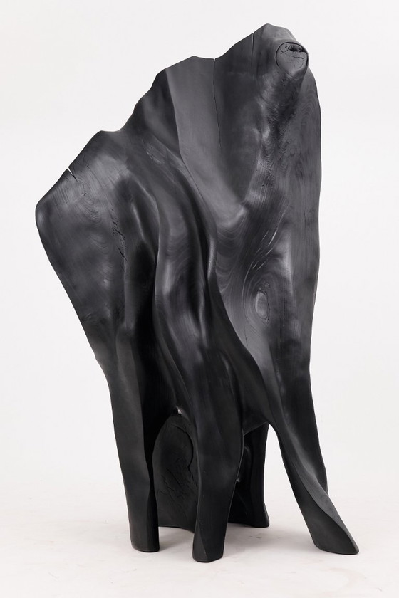 Image 1 of Fauteuil trône en bois noir carbonisé aux formes organiques par Logniture