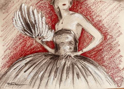 Charcoal and pastel painting, portrait of a woman, "Purple Evening"