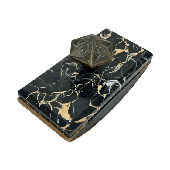 Image 1 of Art Deco Executive Desk Set: Letter Holder and Blotter – Portoro Marble and Brass – 1930s