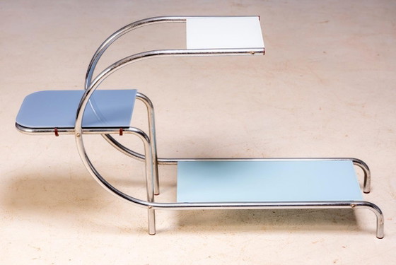 Image 1 of Bauhaus Tubular Steel Flower Stand by Emile Guyot for Thonet, Colored Glass Shelves, 1950s, Czechoslovakia, 79 × 30 x 105 cm