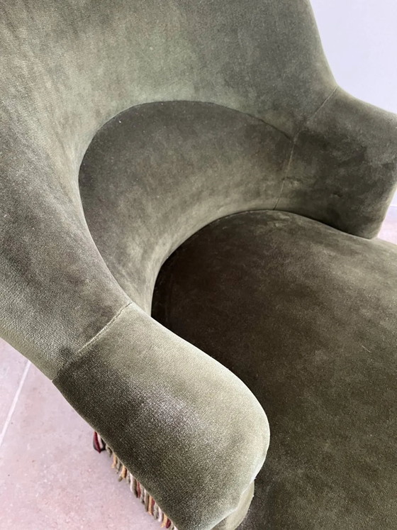 Chaise longue vintage in velluto verde scuro con frange multicolori. – Wood, Velvet, Art Nouveau (photo 7 of 18)