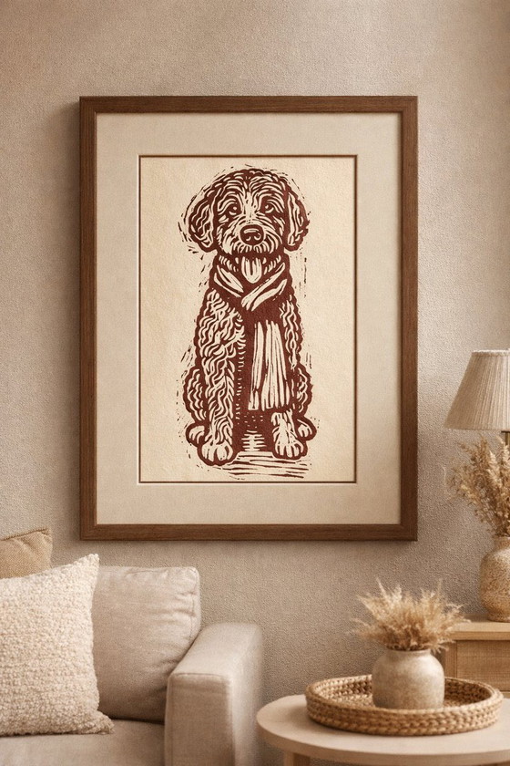 Image 1 of  Handmade Labradoodle Portrait Linocut Print